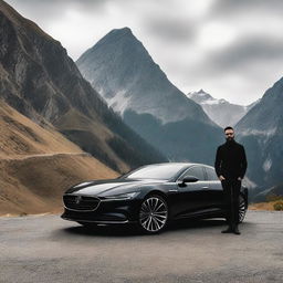 A sleek black car parked in the scenic mountain area with a 30 year old man standing in front of it