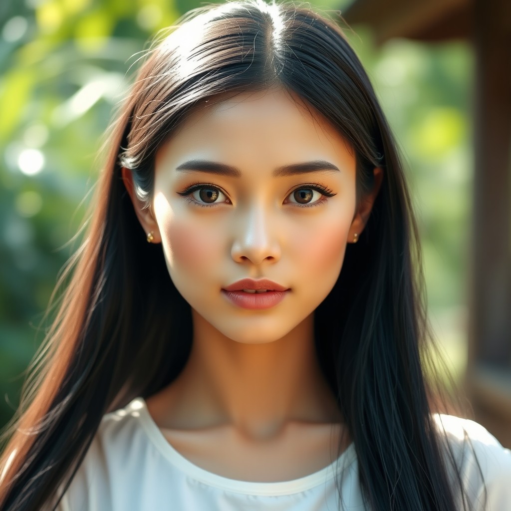 A beautiful, natural-looking female character from Bogor, Indonesia, featuring a long, thick black hair