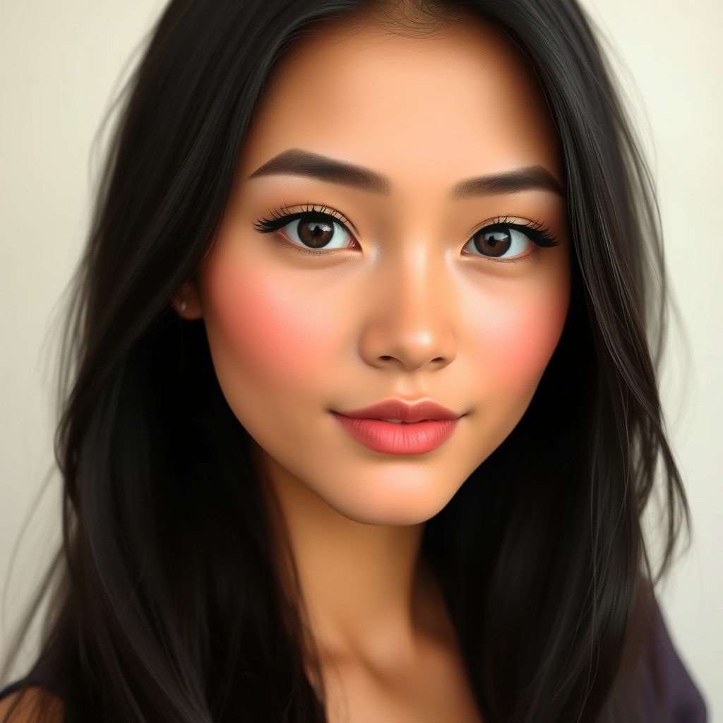 A beautiful female character from Bogor, Indonesia, featuring a natural makeup look enhancing her beauty