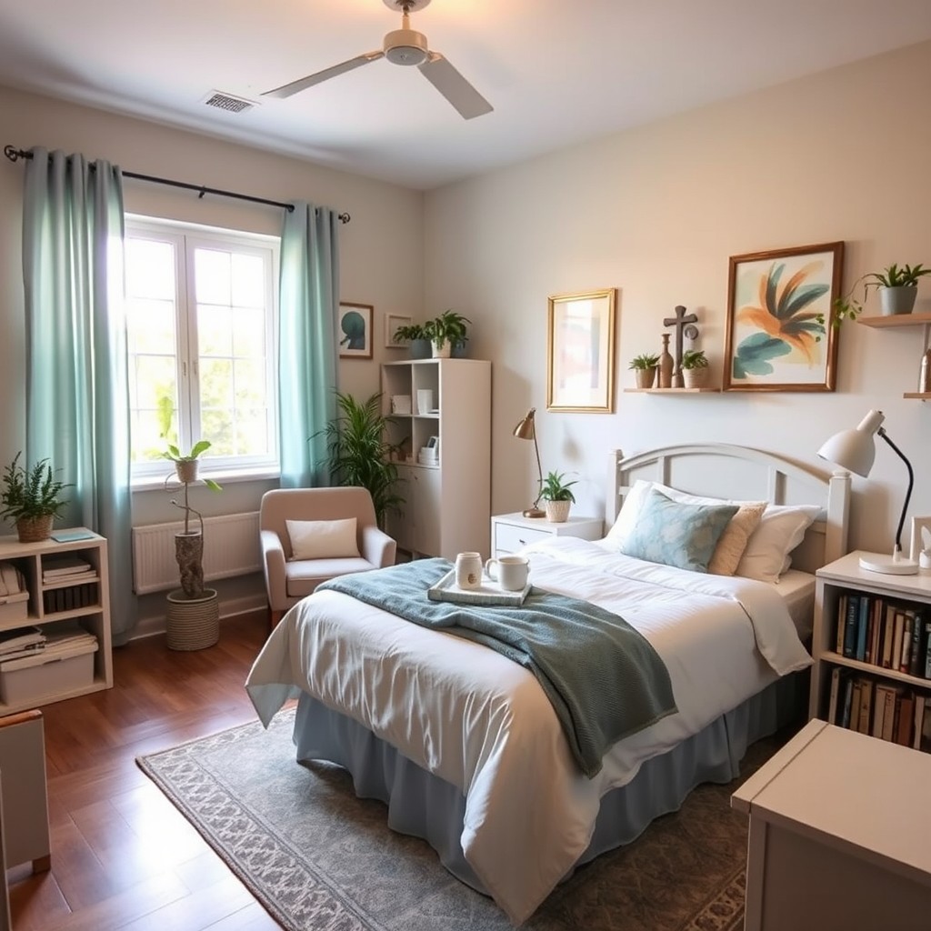 a cozy caregiver's room, featuring a comfortable bed with soft linens, a warm color palette of blues and greens, and natural light streaming through a window