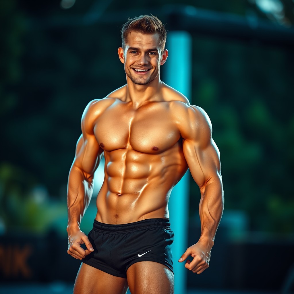 An attractive muscular man standing confidently, showcasing his well-defined physique under dramatic lighting