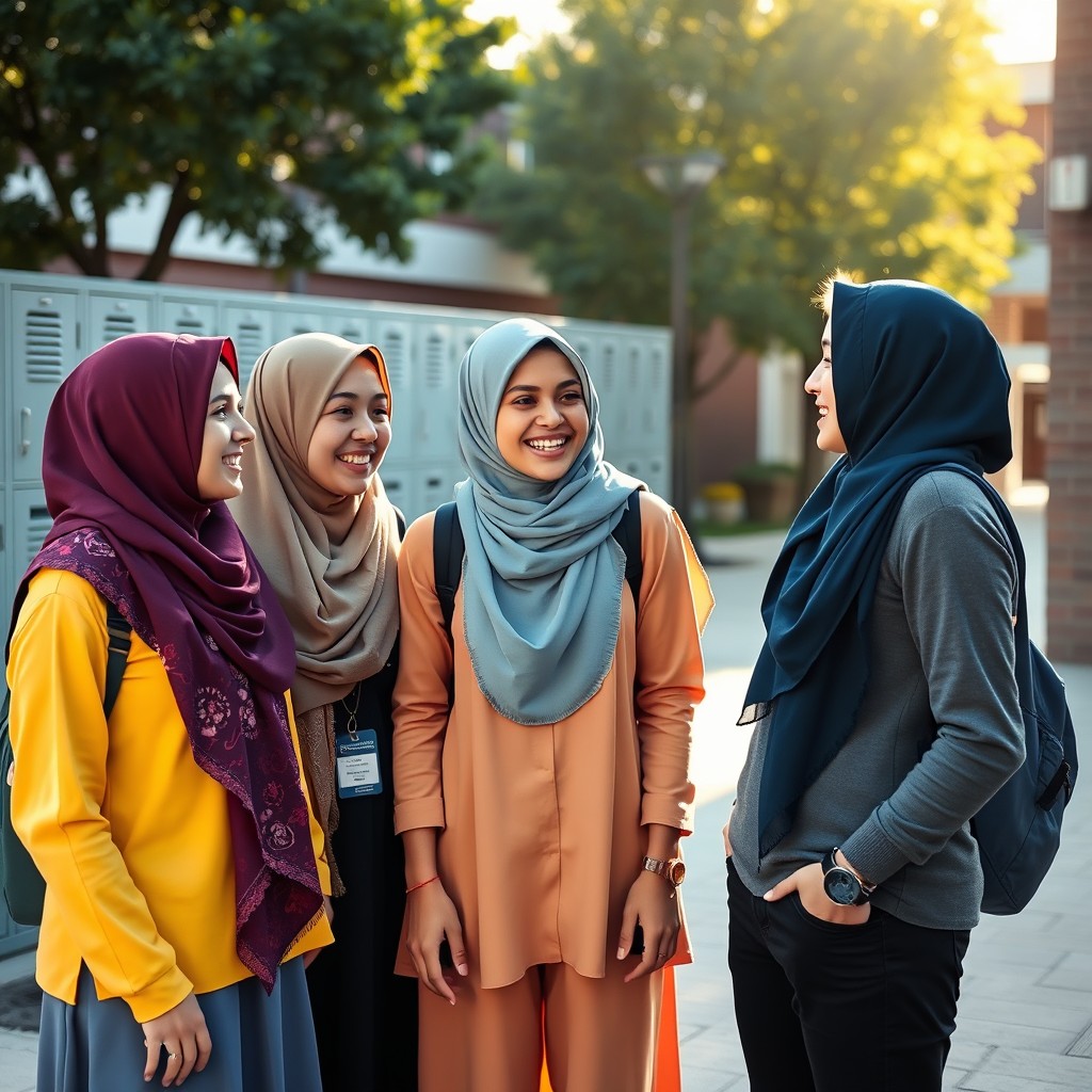 A lively scene featuring three high school girls wearing colorful hijabs, engaged in a joyful conversation while standing in a school courtyard