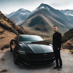 A sleek black car parked in the scenic mountain area with a 30 year old man standing in front of it