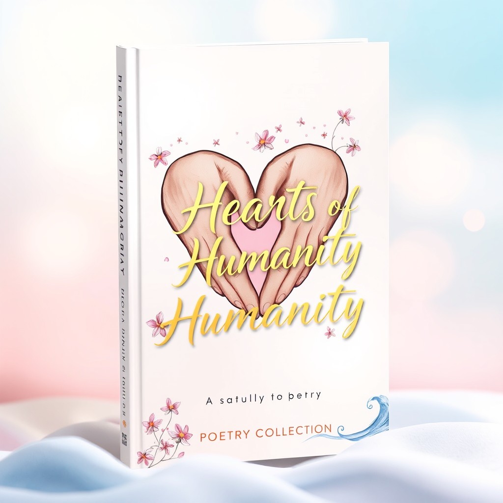 A beautifully designed book cover for a poetry collection titled 'Hearts of Humanity'