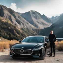 A sleek black car parked in the scenic mountain area with a 30 year old man standing in front of it