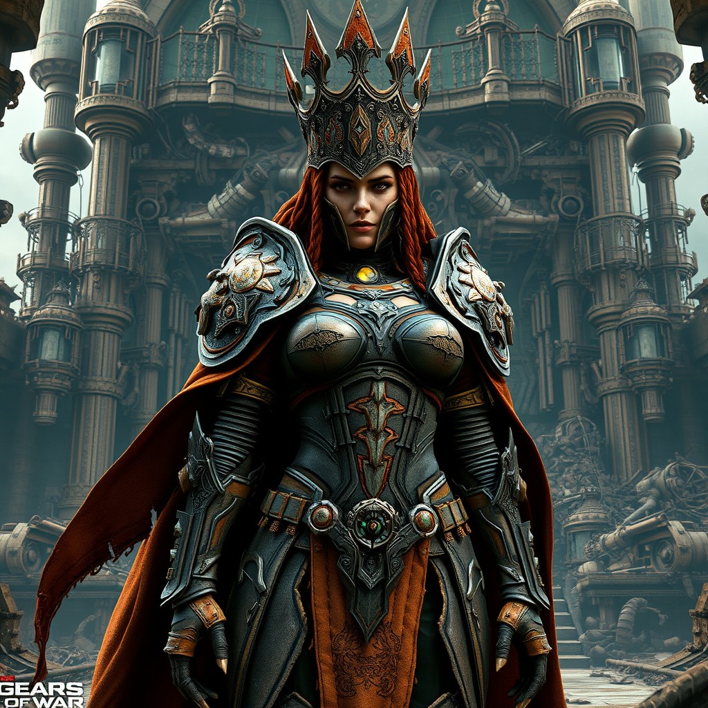 Queen Myrrah from Gears of War depicted in imposing battle armor, featuring detailed and rugged designs