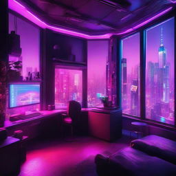 A high-tech cyberpunk apartment filled with neon lights and futuristic technologies, overlooking a sprawling dystopian city illuminated in vibrant cyberpunk aesthetics.