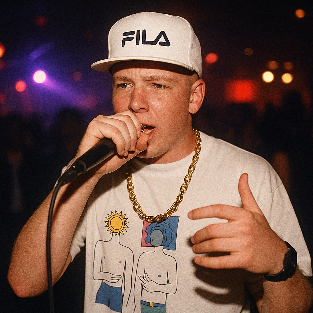 Make accurate images of this person. High resolution. In different poses. The theme is hip hop, rap music, night clubs, in Toronto Canada in the 1980s