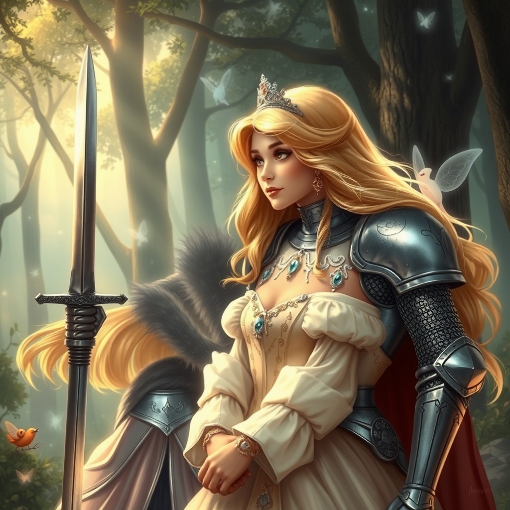 A brave knight in shining armor standing protectively beside a beautiful princess with flowing golden hair, both gazing into the distance