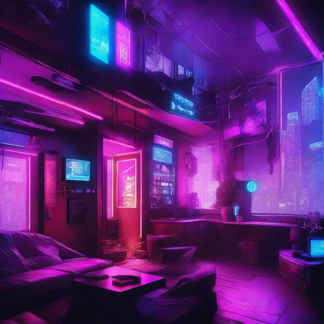 A high-tech cyberpunk apartment filled with neon lights and futuristic technologies, overlooking a sprawling dystopian city illuminated in vibrant cyberpunk aesthetics.