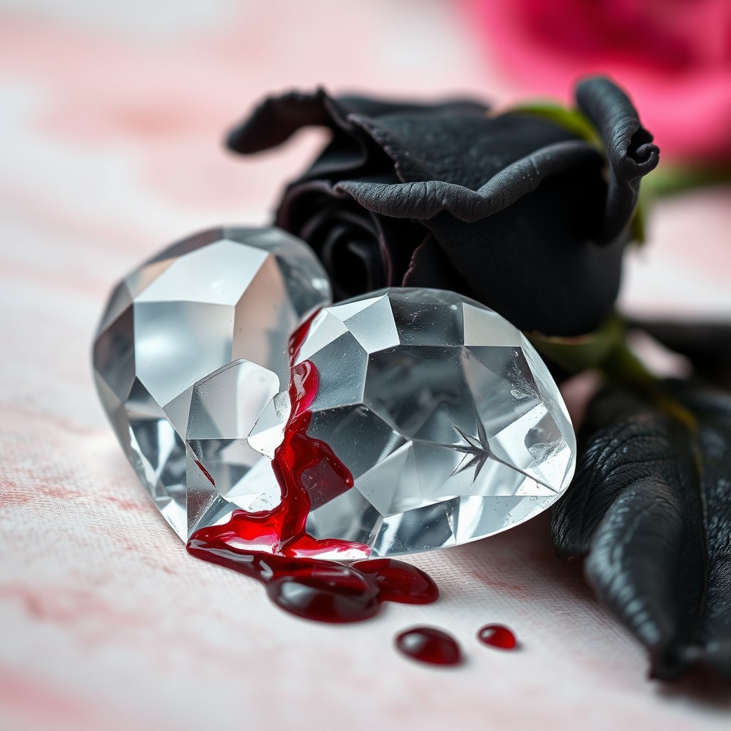 A slightly shattered crystal heart resting delicately on a background of soft, blurred colors