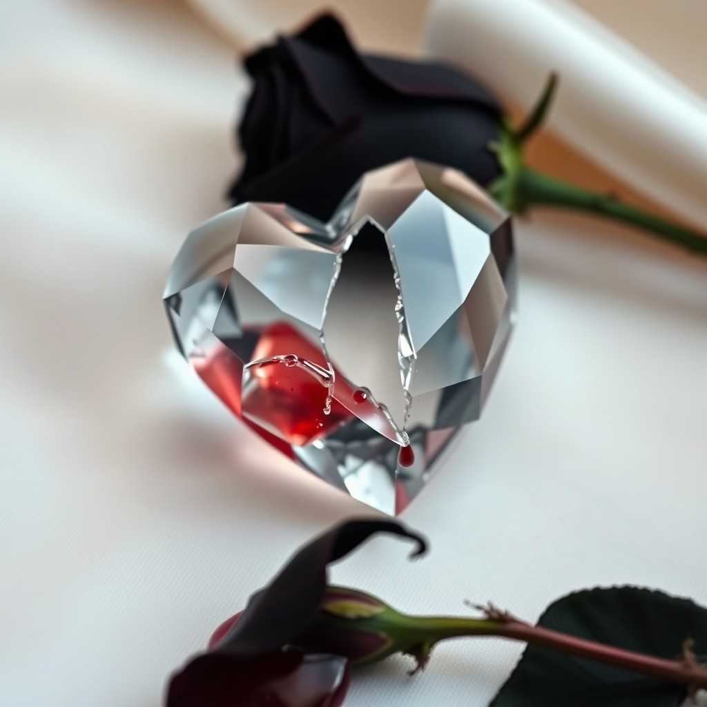 A slightly shattered crystal heart placed on a softly blurred, elegant background