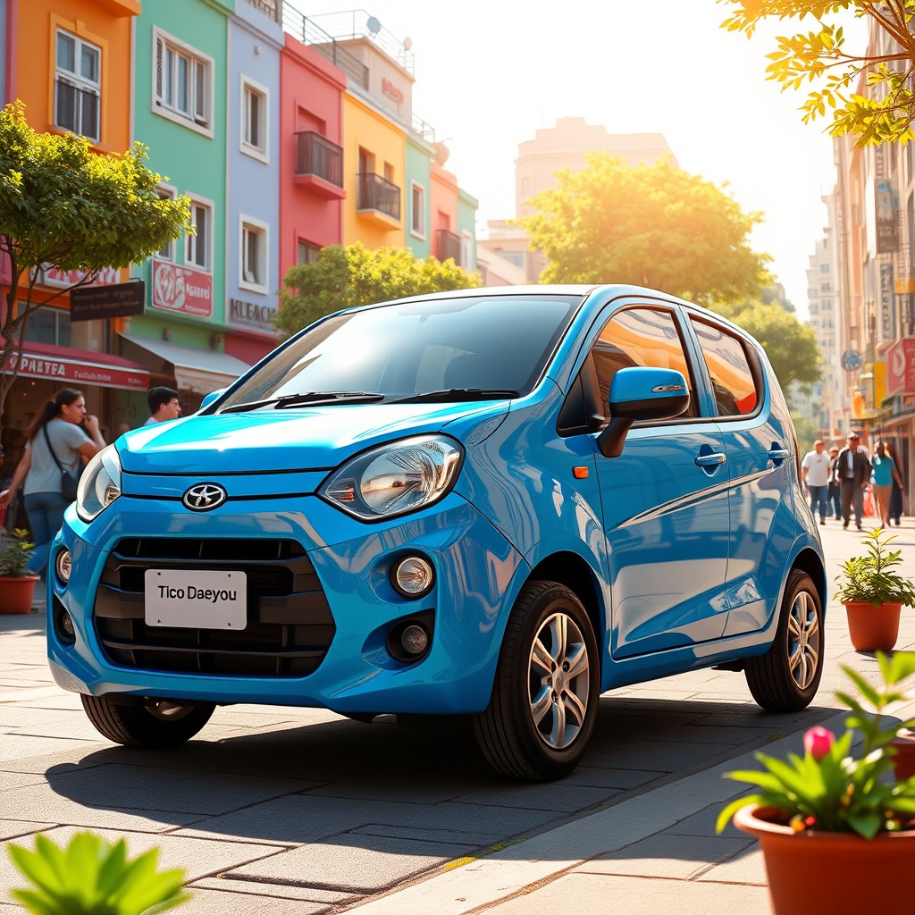 A vibrant and dynamic depiction of a Tico Daewoo, a compact car known for its efficient design and compact size