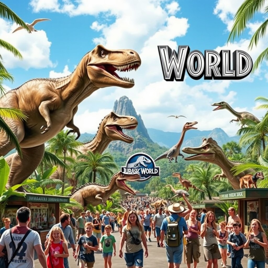 A personalized version of Panini Jurassic World: A breathtaking prehistoric landscape featuring lush greenery, towering dinosaurs roaming freely, and a vibrant blue sky