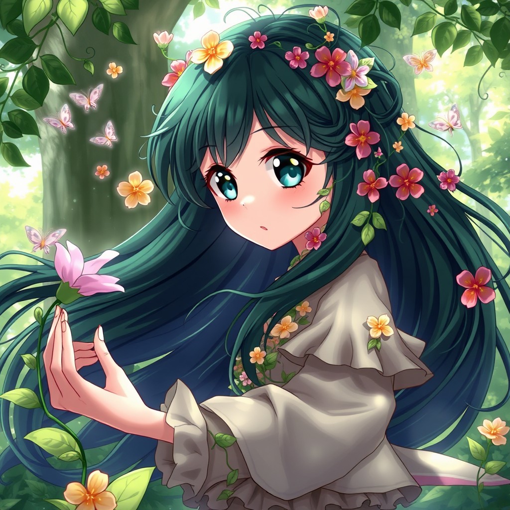 A stunning anime girl with flowing dark green hair adorned with vibrant, whimsical flowers and twisting vines