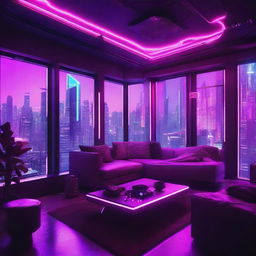 A high-tech cyberpunk apartment filled with neon lights and futuristic technologies, overlooking a sprawling dystopian city illuminated in vibrant cyberpunk aesthetics.