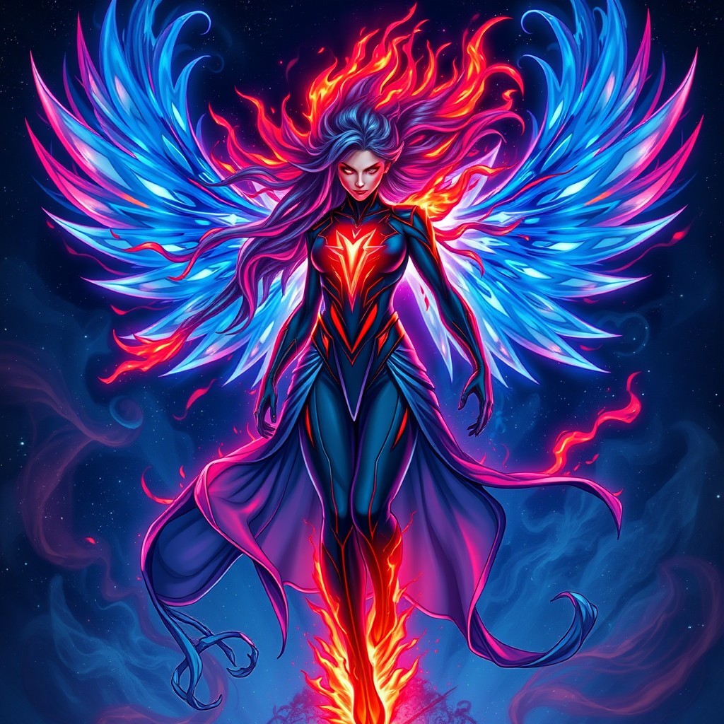 A striking Dark Phoenix character design, featuring a mesmerizing combination of blue and red tones