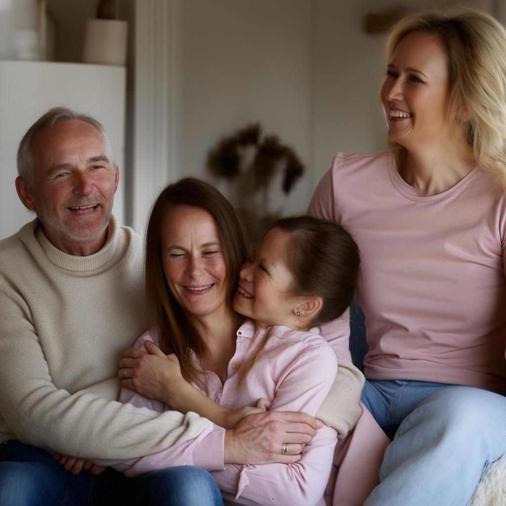 A warm and lively image of a happy family enjoying their time together, laughing and expressing love towards each other in a cozy home setting.