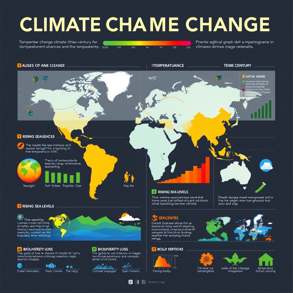 An engaging infographic about the impact of climate change on global temperatures, featuring vibrant graphs and charts illustrating temperature changes over the last century