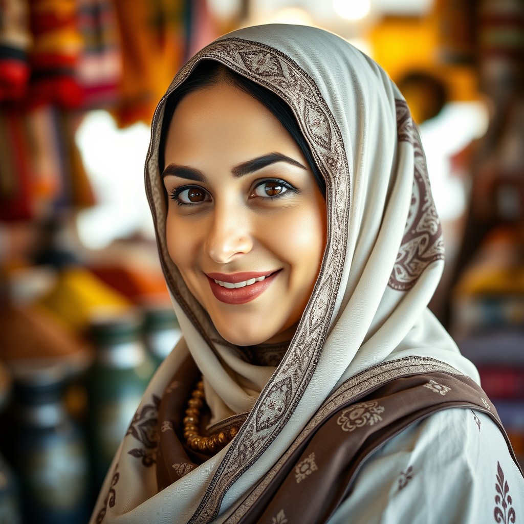 A striking portrait of an Arab woman wearing an elegant hijab, showcasing intricate patterns and delicate embroidery