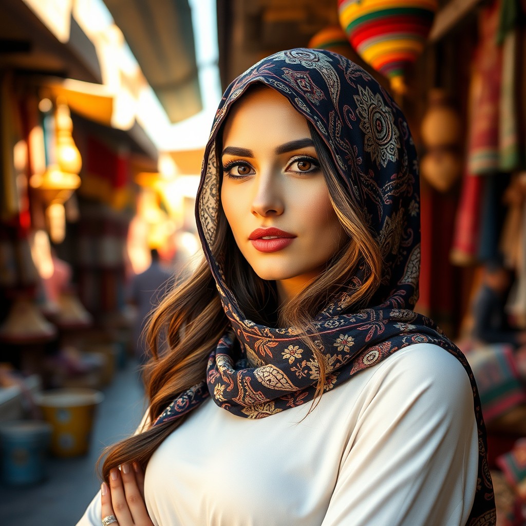 A stunning Arab woman elegantly dressed in a beautifully patterned hijab