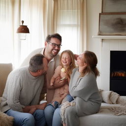 A warm and lively image of a happy family enjoying their time together, laughing and expressing love towards each other in a cozy home setting.