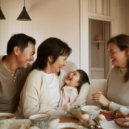 A warm and lively image of a happy family enjoying their time together, laughing and expressing love towards each other in a cozy home setting.