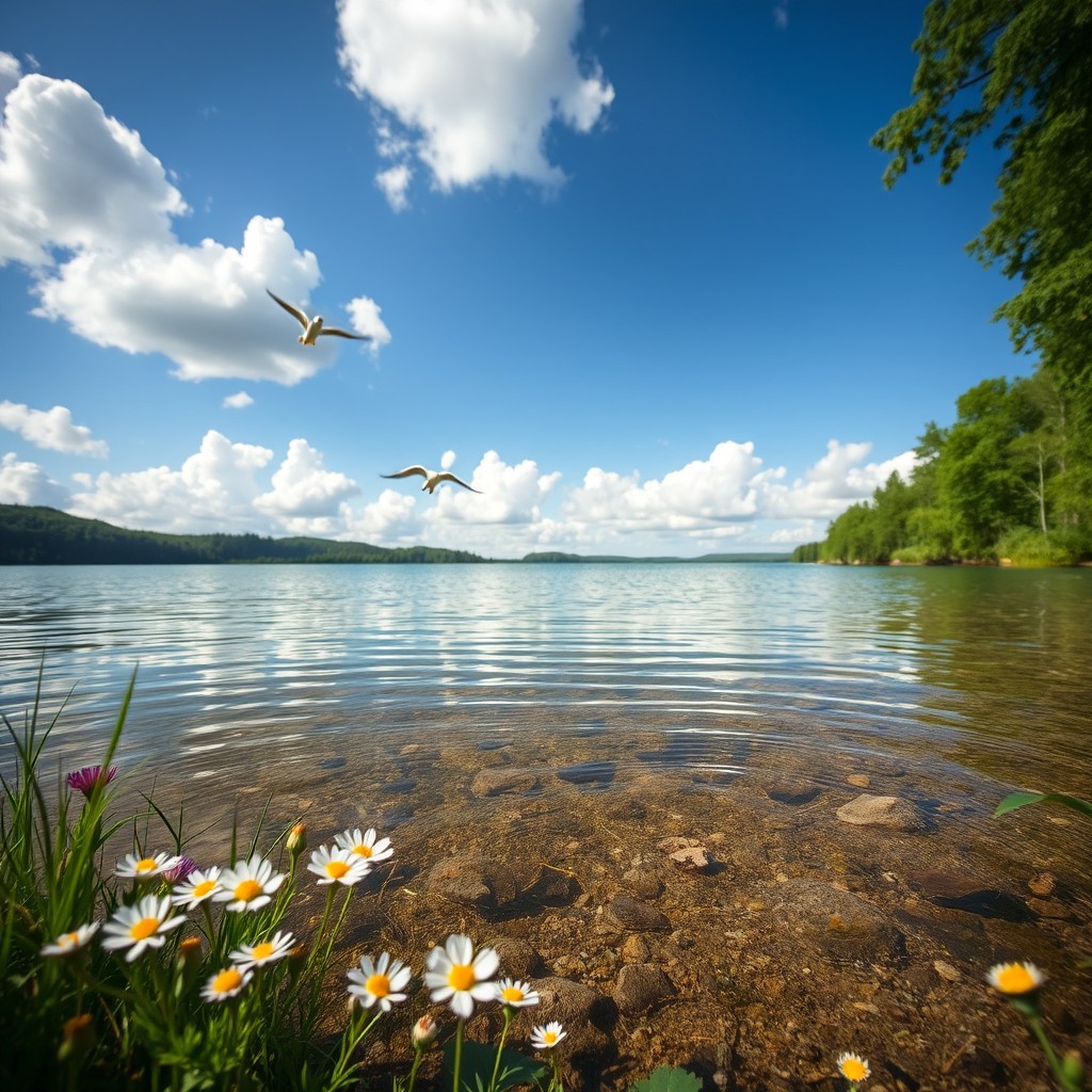 A beautifully detailed close-up of a serene lake surrounded by lush greenery