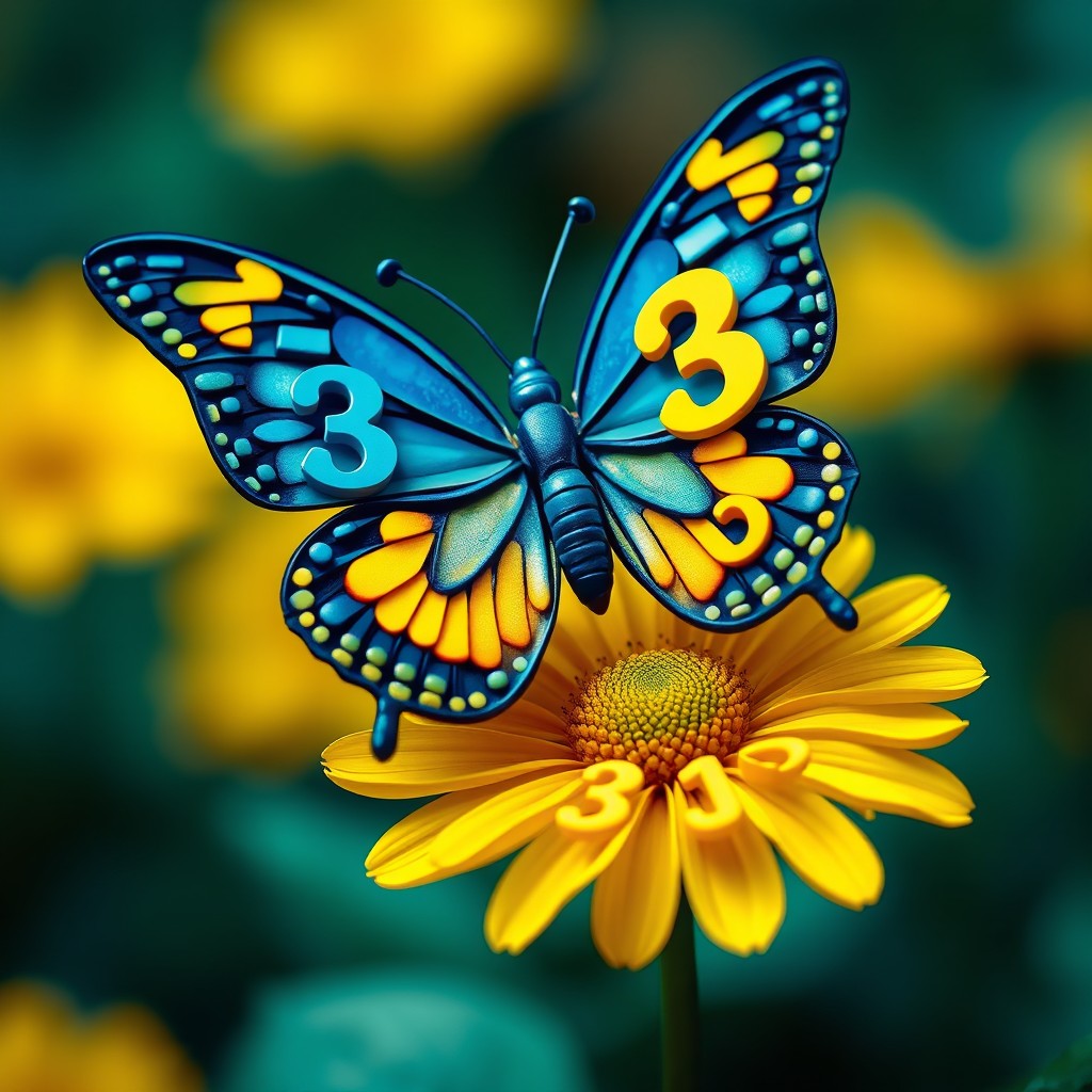 A butterfly made out of the numbers 3, 1, and 3, resting on a flower that is also constructed from numbers