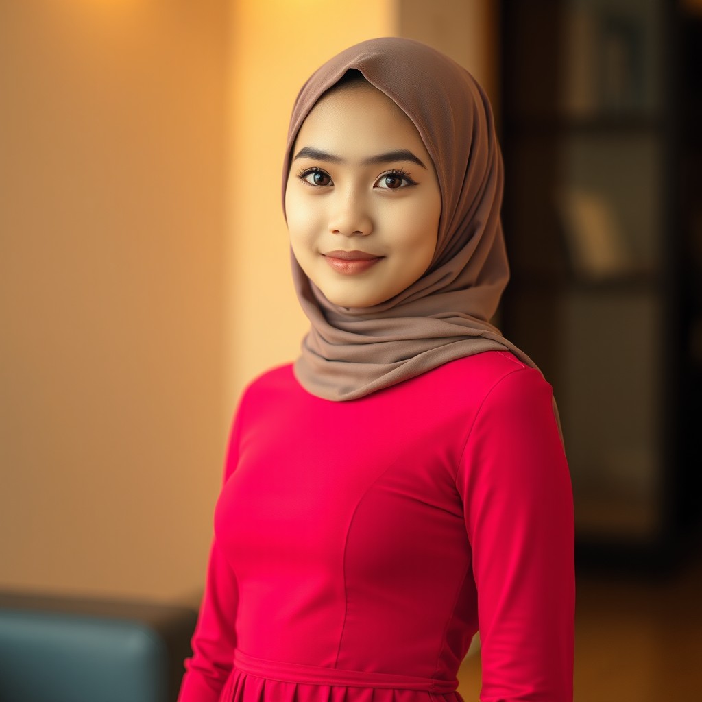 A slightly round-bellied teenage Muslim girl wearing a tight dress that fits snugly without any creases