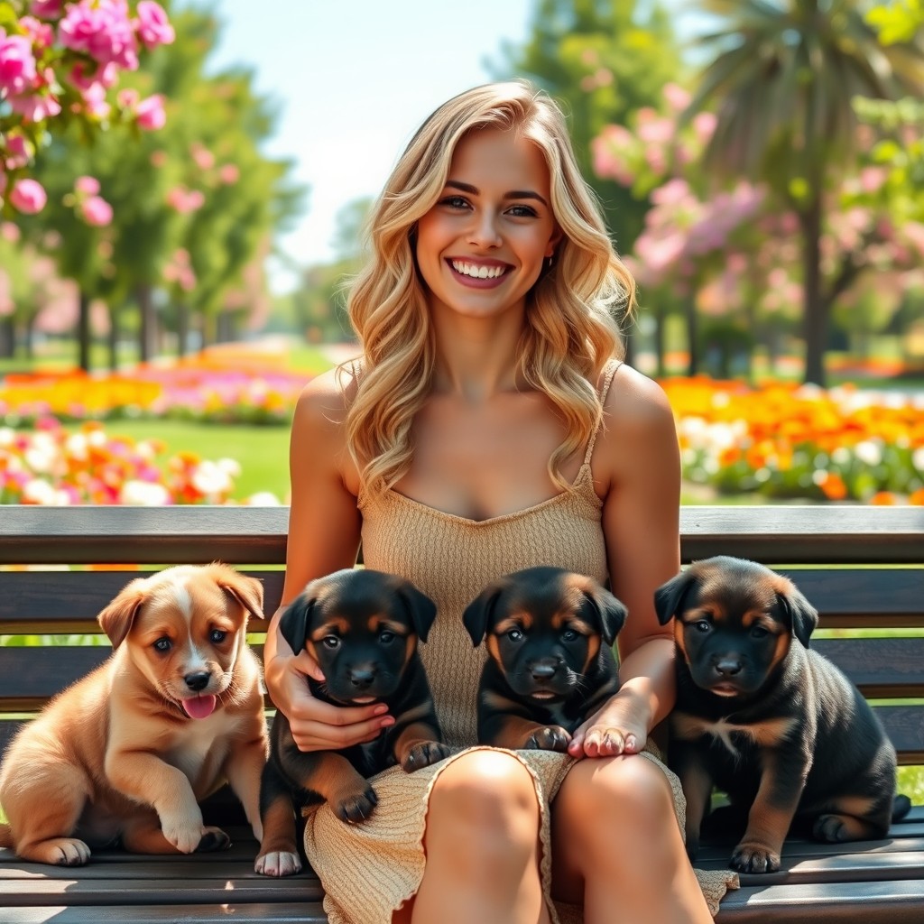 A cute blonde young woman with wavy hair, wearing a stylish summer dress and smiling joyfully