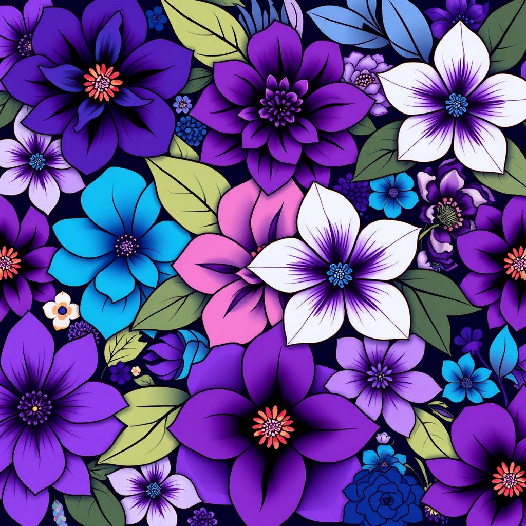 A vibrant and intricate vector design featuring floral elements in shades of violet, blue, and purple