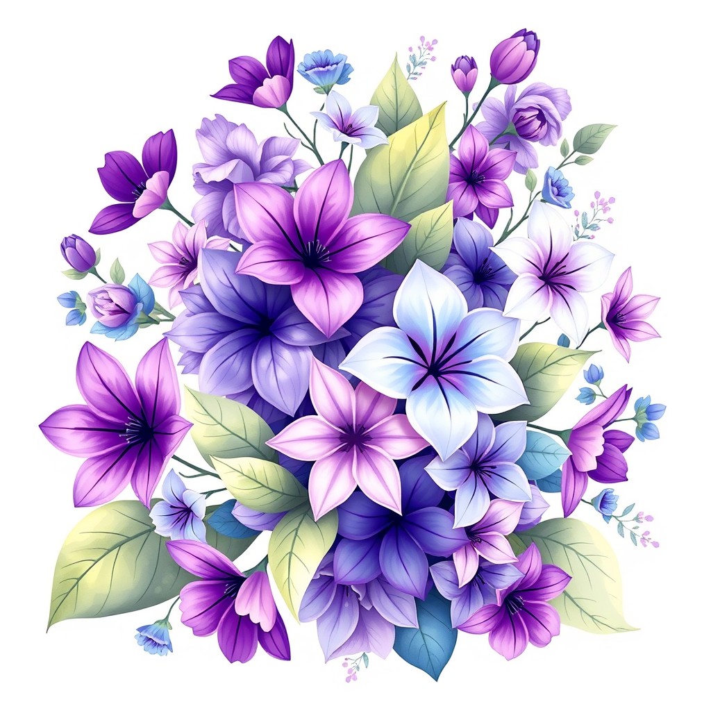 A beautiful vector illustration featuring a floral design with vibrant shades of violet, blue, lilac, and purple