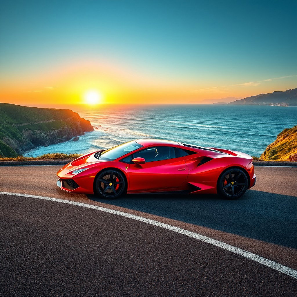 A stunning sports car in motion on a winding coastal road, with the ocean waves crashing against the rocks in the background and a sunset casting a golden glow over the scene