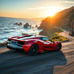 A stunning sports car in motion on a winding coastal road, with the ocean waves crashing against the rocks in the background and a sunset casting a golden glow over the scene