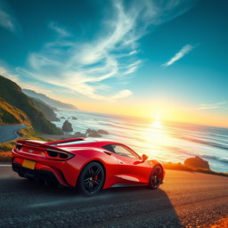 A stunning sports car in motion on a winding coastal road, with the ocean waves crashing against the rocks in the background and a sunset casting a golden glow over the scene
