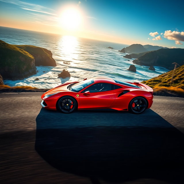 A stunning sports car in motion on a winding coastal road, with the ocean waves crashing against the rocks in the background and a sunset casting a golden glow over the scene