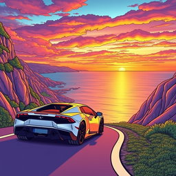 A vibrant and captivating coloring page featuring a Lamborghini driving along a winding mountain road at sunset