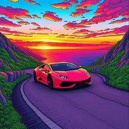 A vibrant and captivating coloring page featuring a Lamborghini driving along a winding mountain road at sunset