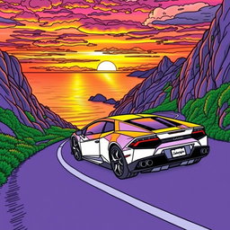 A vibrant and captivating coloring page featuring a Lamborghini driving along a winding mountain road at sunset