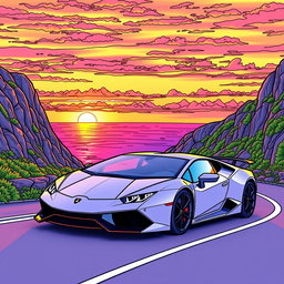A vibrant and captivating coloring page featuring a Lamborghini driving along a winding mountain road at sunset
