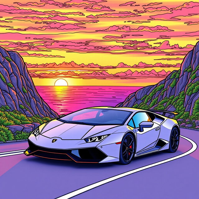A vibrant and captivating coloring page featuring a Lamborghini driving along a winding mountain road at sunset