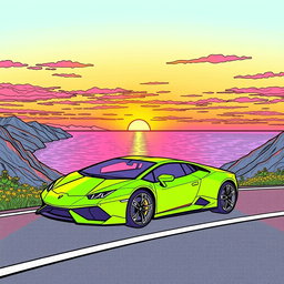 A detailed coloring page featuring a Lamborghini driving along a mountain road at sunset
