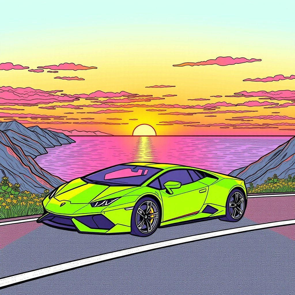 A detailed coloring page featuring a Lamborghini driving along a mountain road at sunset