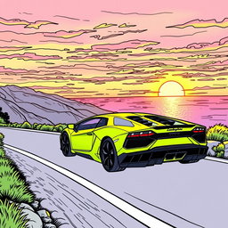 A detailed coloring page featuring a Lamborghini driving along a mountain road at sunset