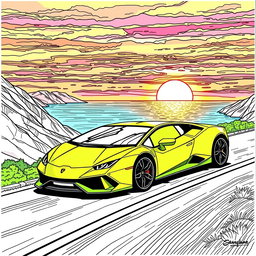 A detailed coloring page featuring a Lamborghini driving along a mountain road at sunset
