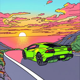 A detailed coloring page featuring a Lamborghini driving along a mountain road at sunset