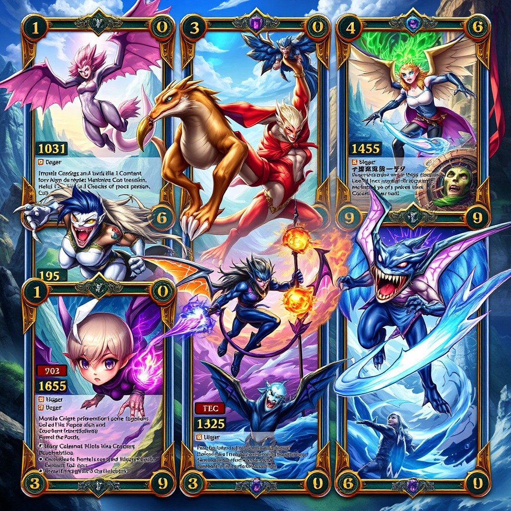 A vibrant and imaginative trading card game (TCG) series featuring unique fantasy creatures and heroes, each beautifully illustrated in dynamic poses