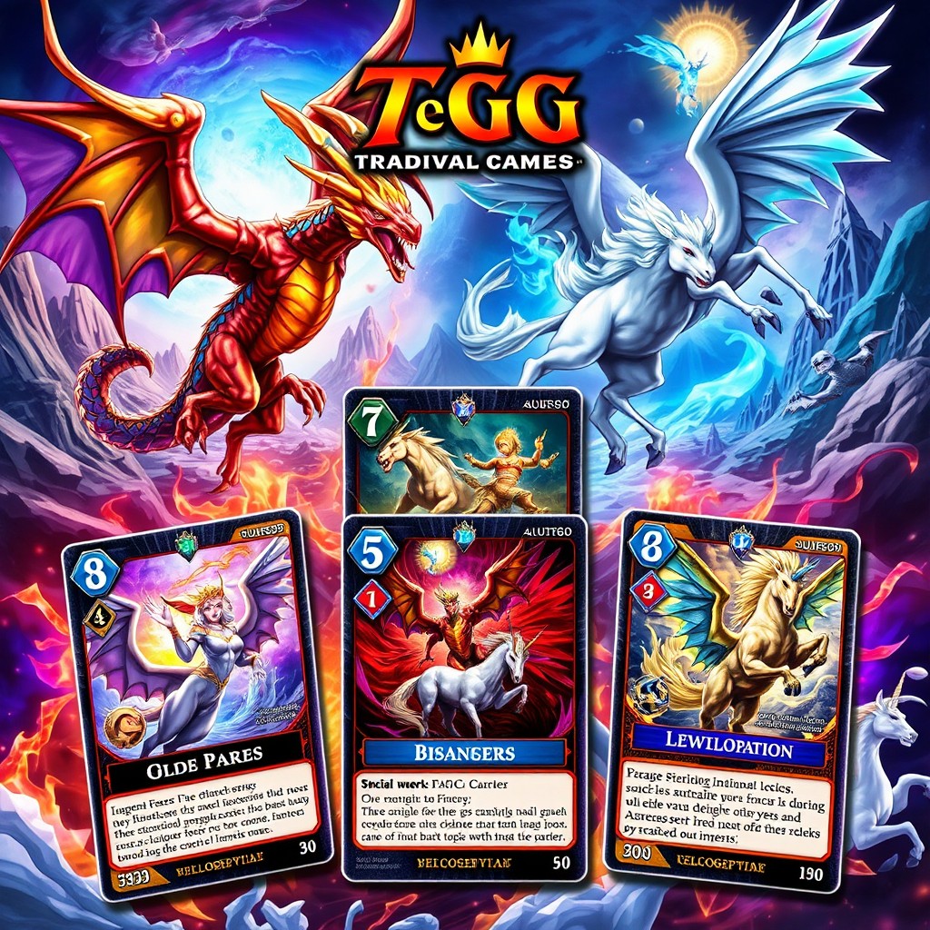 A vibrant and dynamic trading card game (TCG) series featuring fantastical creatures and legendary heroes