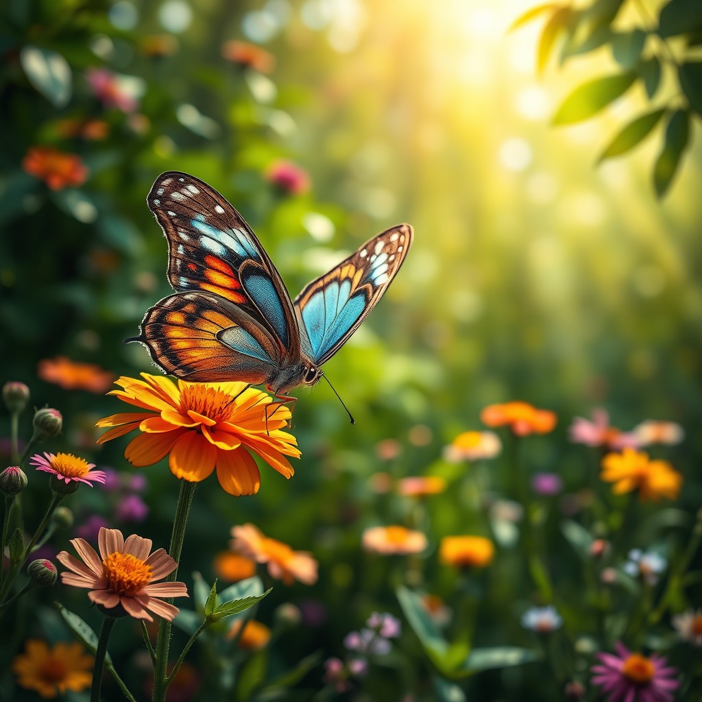 A stunning and realistic butterfly perched delicately on a vibrant flower in a lush natural environment